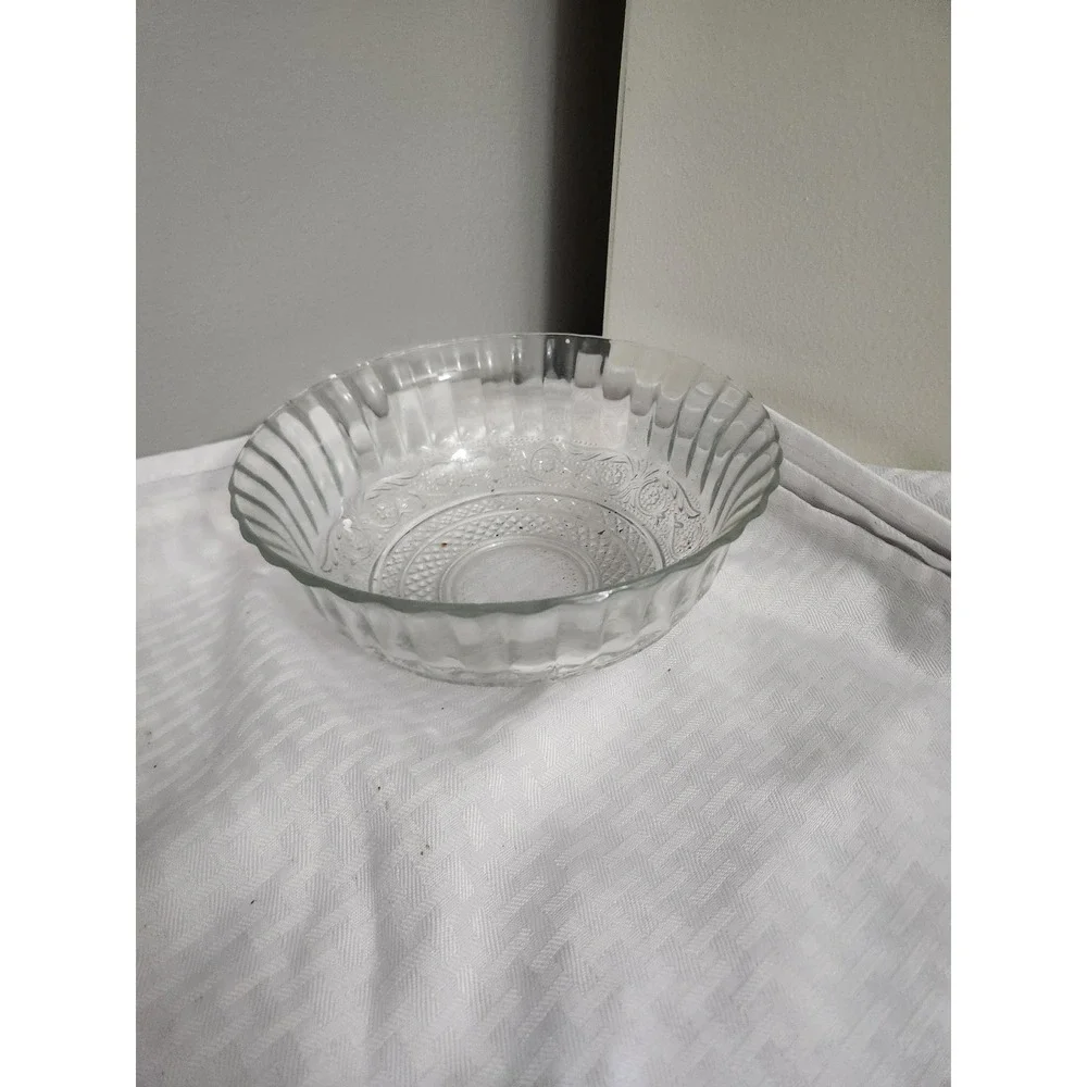 Vintage Clear Pressed Glass Bowl Scalloped Ribbed Edge Embossed Pattern 8 Inch
